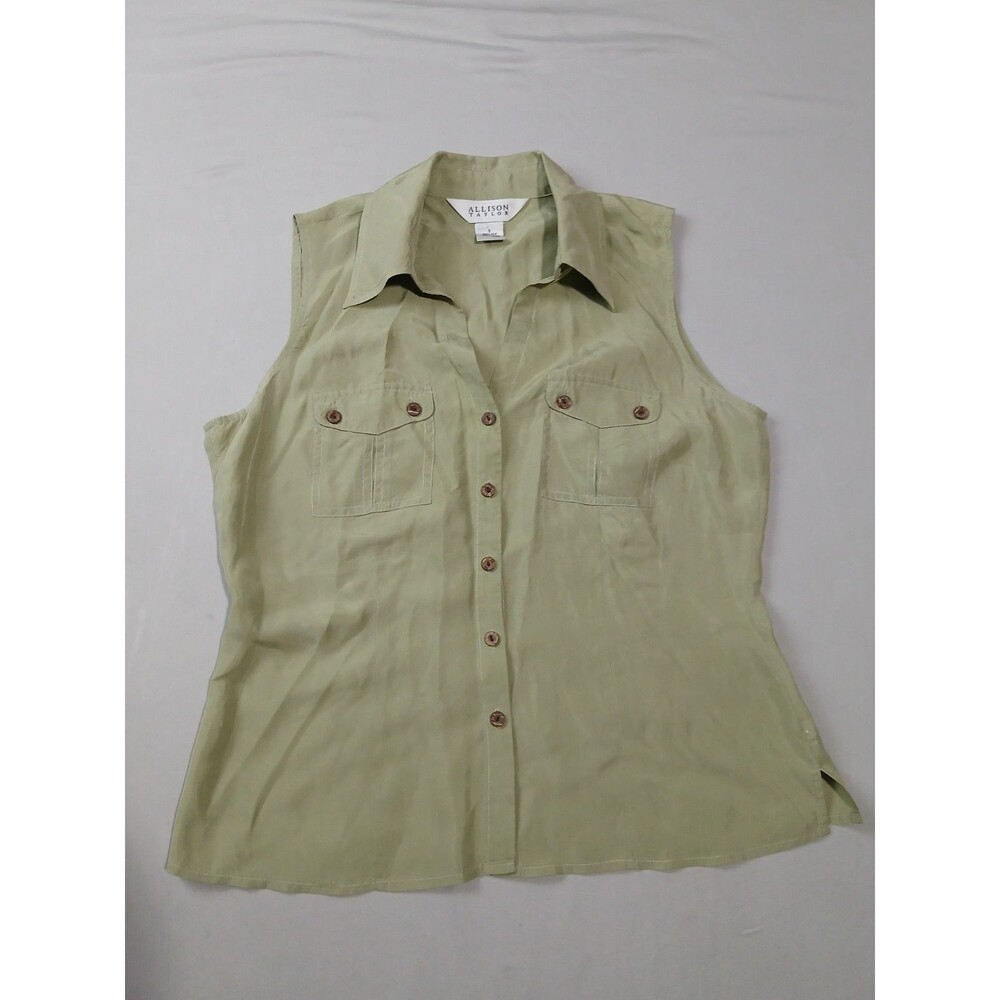 Allison Taylor 100% Silk Sleeveless Blouse Womens Size 8 Sage Safari Button Up